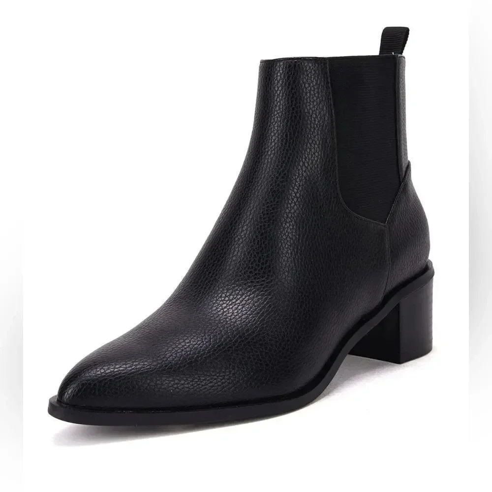 VETASTE  Pointed Toe Stacked Chunky Block Heel Ankle Boots Faux Leather 7.5